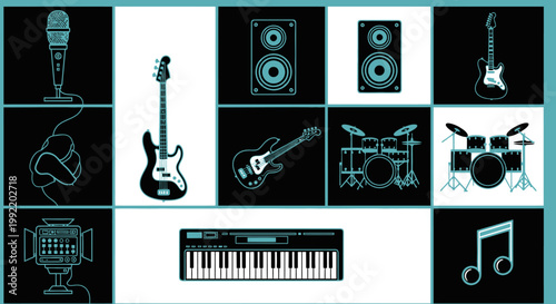 Music Instruments Collage: Guitar, Drums, Keyboard, Microphone, Speakers