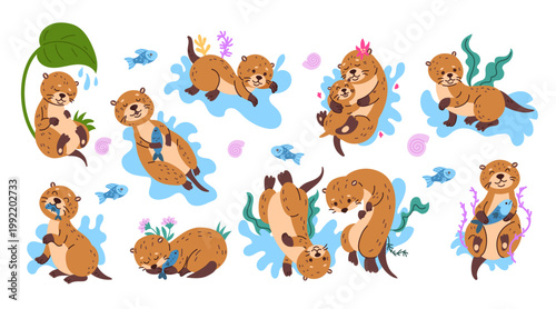 Otter cartoon. Cute pose animals. Funny sea weasel. Hawaii marine fish creature swimming. Happy aquatic mammal fauna at zoo. Playful wildlife couple character. Vector pet tidy mascot isolated set