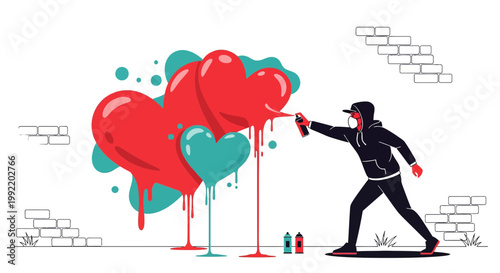 Graffiti Artist Sprays Heart Shapes on Wall, Urban Art, Love Symbolism, Creative Expression