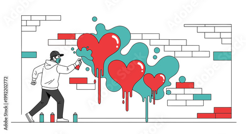 Graffiti Artist Sprays Hearts on Brick Wall: Urban Art, Love, Creativity