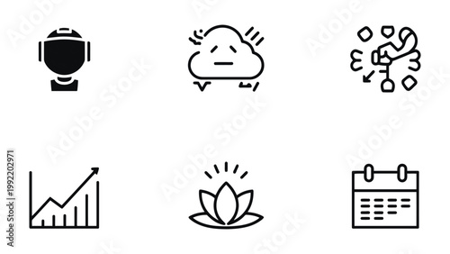 Conceptual Icons: Collection of six stylized icons representing various concepts, ideal for conveying information in a simple and visually engaging way. 