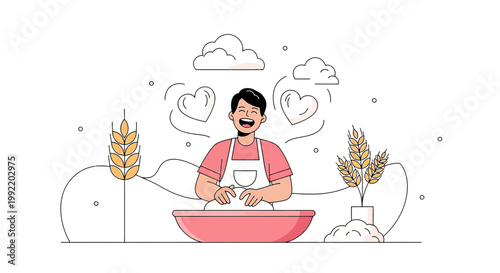 Happy Baker Kneading Dough with Love, Wheat and Clouds