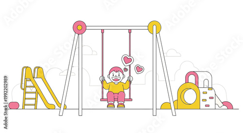 Happy Child Swinging on Playground with Hearts, Joyful Childhood Fun