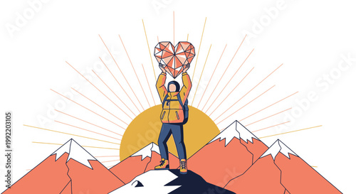 Hiker holding geometric heart on mountain peak, symbolizing love, adventure, and achievement