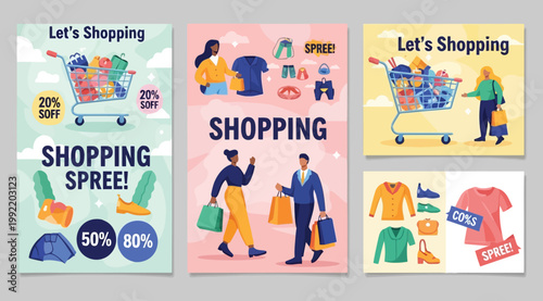 Shopping spree sale posters and banners with people, shopping carts, and clothing items