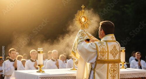 Priest holding monstrance with golden details outdoors with people