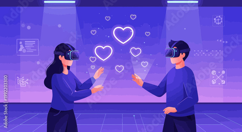 Couple in VR headsets interacting with glowing hearts in a digital metaverse