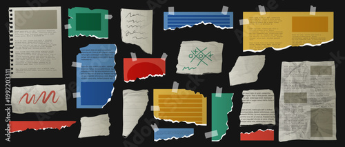 Paper collage vintage. Frame photo. Rip texture. Background old halftone music. Tape sticker, scrapbook post. Scrap object, notebook, book. Vector garish retro isolated elements communication set