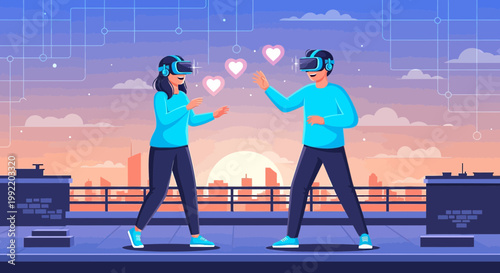 Couple in VR headsets experiencing virtual reality love and connection