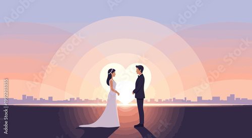 Couple in Wedding Attire Facing Each Other with Heart-Shaped Sunset