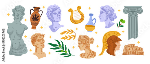 Greek antique. Statue in Santorini. Roman vase, aesthetic culture. Sculpture museum. Classic column, wine and pottery. Elements of Greece. Vector tidy sticker, cartoon flat isolated illustration set