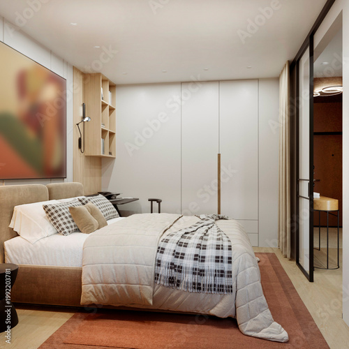 Картината върху платно 3D rendering of a bedroom interior featuring a large bed, shelving, a workspace, a built-in wardrobe, and a glass door