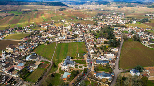 Fotografi Aerial of the village Meursault in France on a cloudy afternoon in late winter