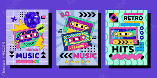 Poster retro cassette. Design music retro. Banner cartoon 70s. Vintage tape. Cute audiocassettes, DJ electronic vintage. Geometric shapes, pop culture graphic set for promotional vector audio tidy ad