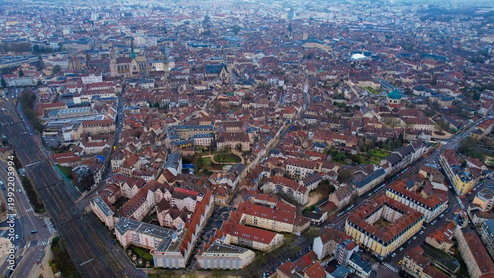 Obraz premium Aerial view of the old town of the city Dijon on a cloudy autumn morning in France