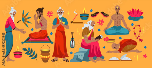Spiritual guru. Purnima worship celebration. Meditation Hinduism. Teacher wisdom. India festival. Buddha yoga. Harmony flower and candle. Meditating man poses. Indian culture. Vector tidy yogis set