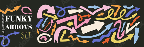 Bold funky arrow element, heart crown. Hand drawn doodle sketch style circle arrow, spiral, swirl, wavy, grunge element set.