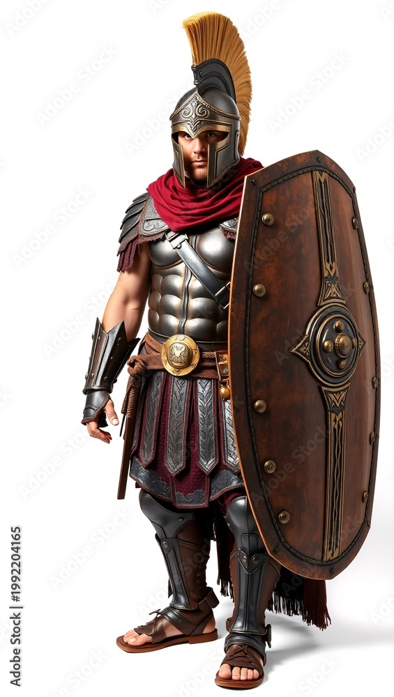 Obraz premium Ancient Roman gladiator with armor and shield, isolated on white background