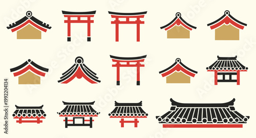 Sakura cherry floral grid red black gold icon set minimal round textile vector illustration motif