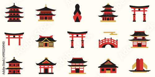 Pagoda torii shrine temple bridge lantern set red black gold icon grid vector illustration minimal