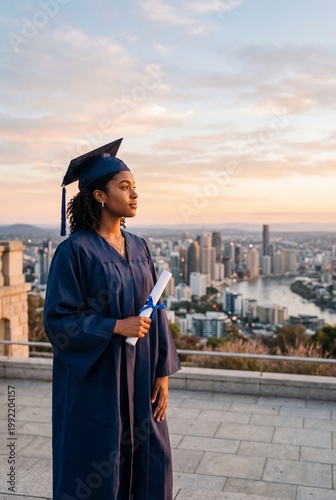 Young graduate in blue cap and gown holding diploma on a city viewpoint at sunset, symbolizing academic success, ambition, future opportunities, personal growth, and educational achievement.