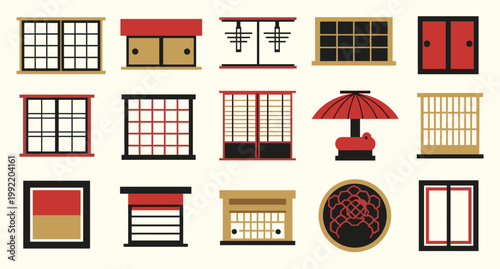 Shinto shrine elements with torii gate stone lantern and suzu vector illustration set collection
