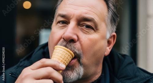 Close Up Of A Man Eating Cone Outdoors After Eating All The Ice Cream