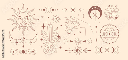 Space alchemy. Sun, moon star for tarot card. Magic celestial astrology talisman. Mystical symbol, geometric shape, minimal line art pattern. Vector outline elegant spiritual graphic element set