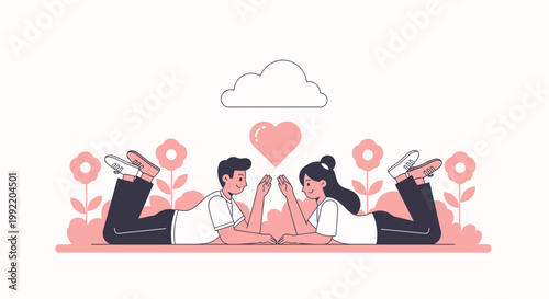 Couple Lying Down in Flower Field with Heart and Cloud - Love Illustration
