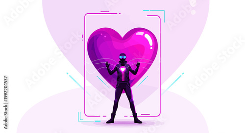 Futuristic person in VR headset interacts with glowing digital heart in augmented reality