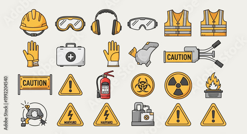 Photos Safety and caution icons for workplace and industrial environments