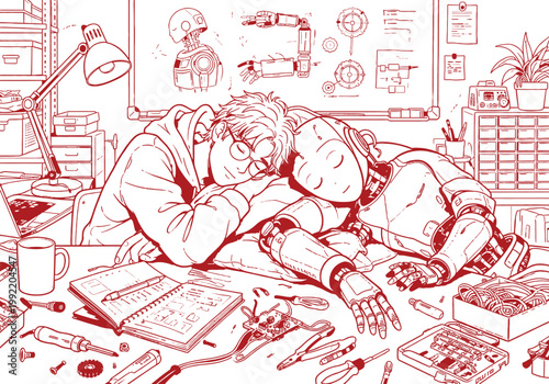 Engineer and Robot Napping at Desk Illustration