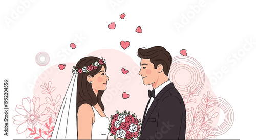Couple in Wedding Attire with Hearts and Flowers