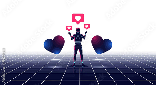 Futuristic Robot Embracing Digital Love: Hearts and Likes in a Cybernetic World