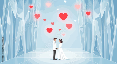 Couple in Wedding Attire, Romantic Hearts, Elegant Crystal Hall