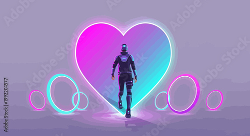 Futuristic Robot Enters Glowing Heart Portal, Cyberpunk Love, Digital Romance, AI Connection