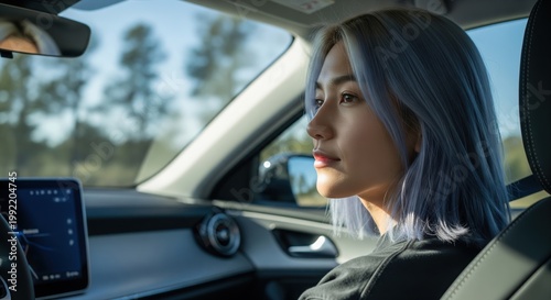 Thoughtful Young Woman With Lavender Colored Hair Looking Out Of Car Window During A Scenic Road Trip Journey