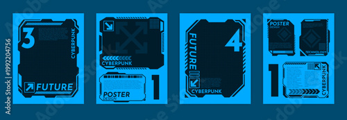Cyberpunk HUD poster. Futuristic sci-fi decal. Robot graphic cards set. Cyber decor Y2K. Flat template for digital game. Technology interface and arrow. Tech board display. Vector garish background
