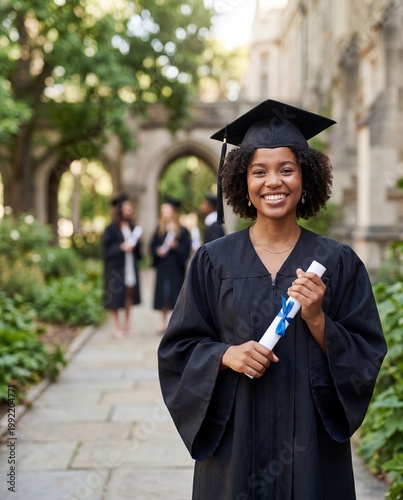 Young female graduate in cap and gown holding diploma on a university campus pathway, with classmates in the background, symbolizing academic success, achievement, and future opportunity.