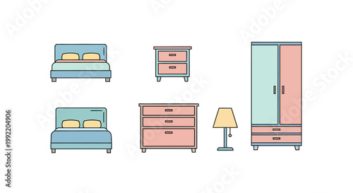 Schilderij op canvas Vector set of bedroom furniture, bed, dresser, wardrobe, nightstand, lamp