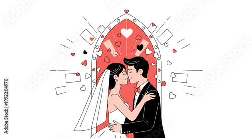 Couple Kissing Under Archway with Hearts - Wedding Illustration