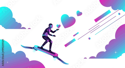 Futuristic Surfer Riding Hoverboard with Gradient Hearts and Abstract Shapes