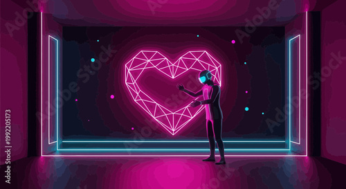 Futuristic VR user interacts with glowing geometric heart in neon digital cyberspace