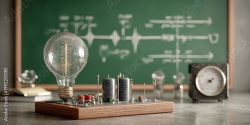 Electrical experience in physics laboratory. Electric circuit and a light bulb on a school chalkboard with formulas text blurred background. Modern Education. Science equipment learning electricity