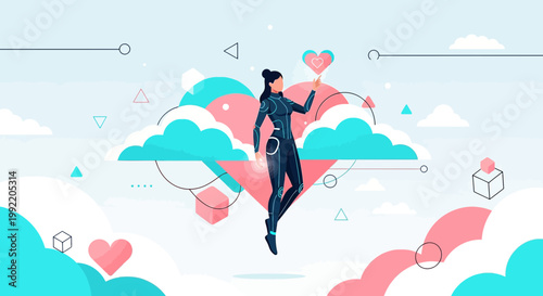 Futuristic Woman Levitating with Glowing Heart Symbol in Abstract Cloudscape