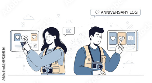 Couple Logging Anniversary Memories with Hearts and Photos