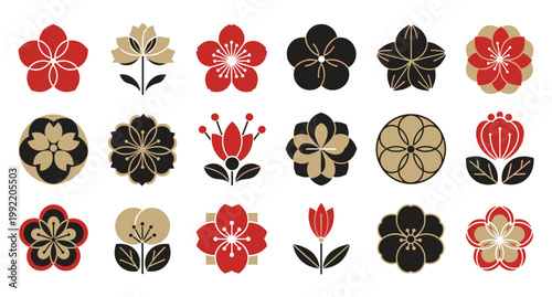 Floral sakura circular emblem grid red black gold botanical motifs vector illustration textile decorative