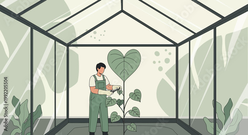 Gardener tending to heart-shaped plant in greenhouse, symbolizing growth and love