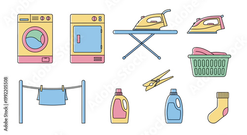 Collection of cartoon laundry items and household appliances.
