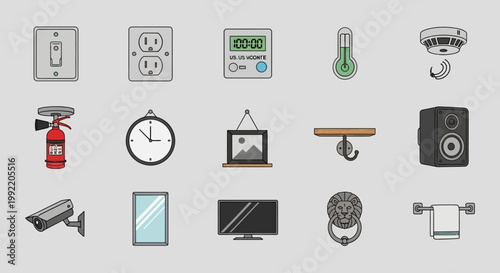 Vector flat icon set of household objects and smart home utilities.